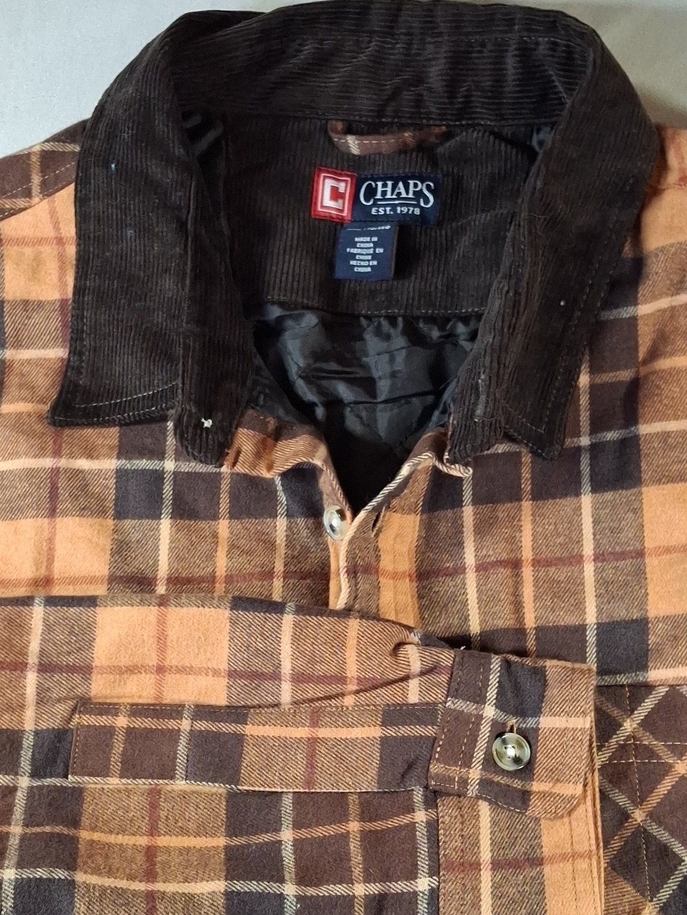 NWT Chaps Men's Flannel Shirt Jacket Plaid Quilted Lined Corduroy Collar XXL